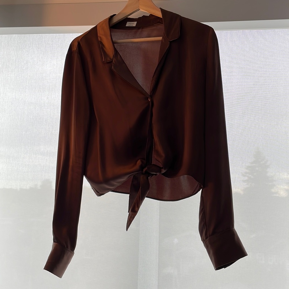 Aritzia Wilfred silky button up tie front blouse